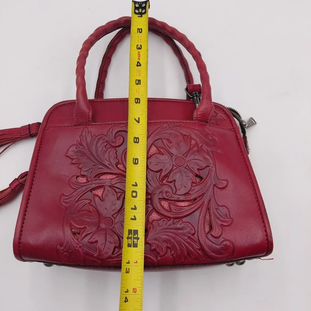 Patricia Nash Red Tooled Leather Satchel Crossbody Bag Floral Cutout Tassel